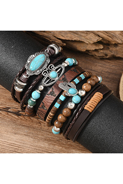 Choice طقم واحد عصري كلاسيكي مكون من 6 قطع، بتصميم رجالي، مزين بخرز خشبي وجلد...