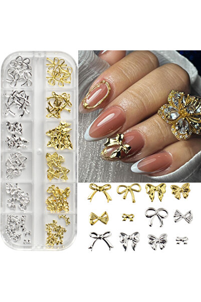 Choice S-267 12 شبكة، زينة أظافر ذهبية وفضية على شكل فيونكة، أحجام متنوعة، تص...