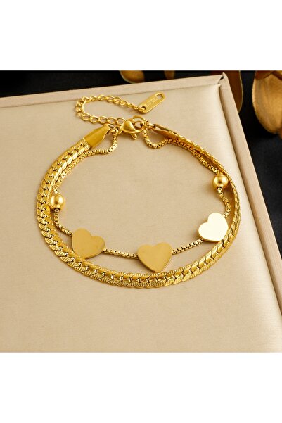 Choice B1908 Stainless Steel Golden Splicing Heart Snake Bone Double layer Br...