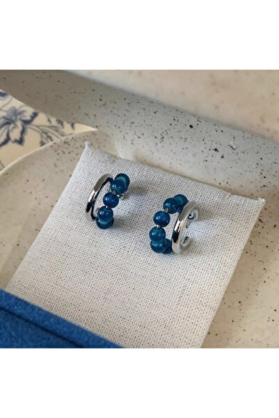 Choice silver Azure Blue Glass Beads Silver C-shaped Stud Earrings Temperamen...