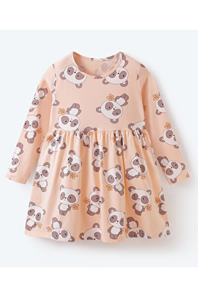 SAPS All Over Panda Printed Dress with Full Sleeves - Peach