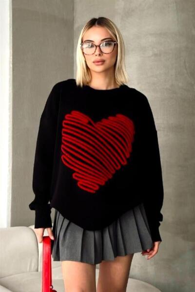 MODANI SEÇ Black Embossed Big Heart Knitwear Sweater