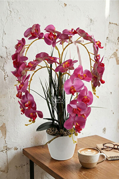 Yapay Çiçek Deposu Saksıda 4'lü Yapay Islak Orkide Tanzimi 65 cm Fuşya