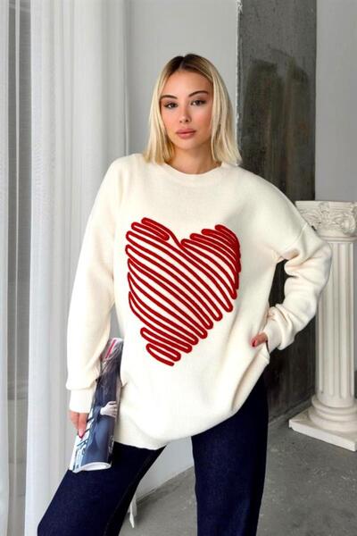 MODANI SEÇ White Embossed Big Heart Knitwear Sweater