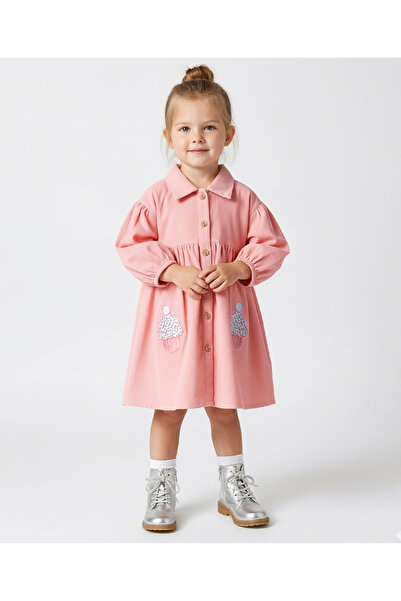 Bonfino 100% Cotton Corduroy Dress with Cupcake Applique - Pink