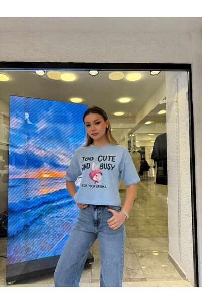 moda paketi Women's Printed Short Sleeve Oversize Crop T-Shirt