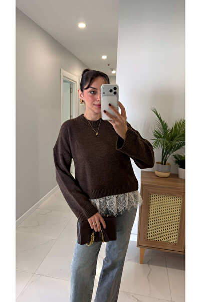 BİRCANÇİL Fodwe Dark Brown Skirt with Lace Detail Knitwear