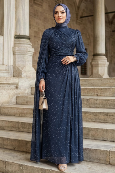 N.S NEVA STYLE Cape Detailed Navy Blue Hijab Evening Dress 4875L