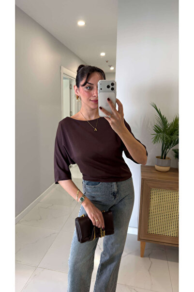 BİRCANÇİL Bluză maro Minnas cu decolteu bărcuță