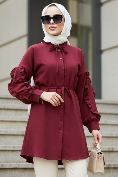 N.S NEVA STYLE Buttoned Burgundy Hijab Tunic 20295Br