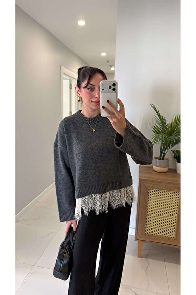 BİRCANÇİL Fodwe Anthracite Skirt with Lace Detail Knitwear