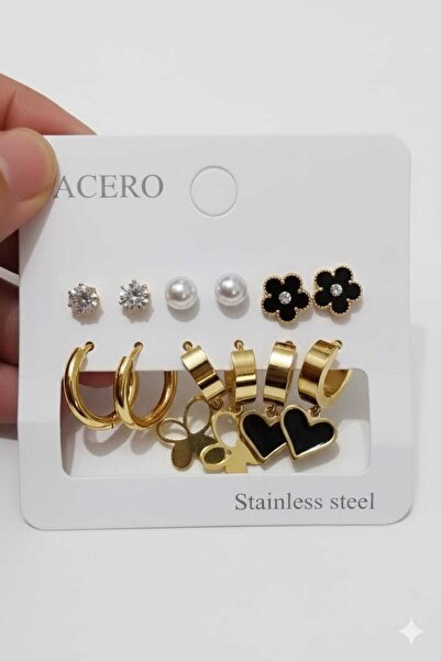 gökhan bengi design Black Stone and Heart-Detail Multi-Piece Earrings