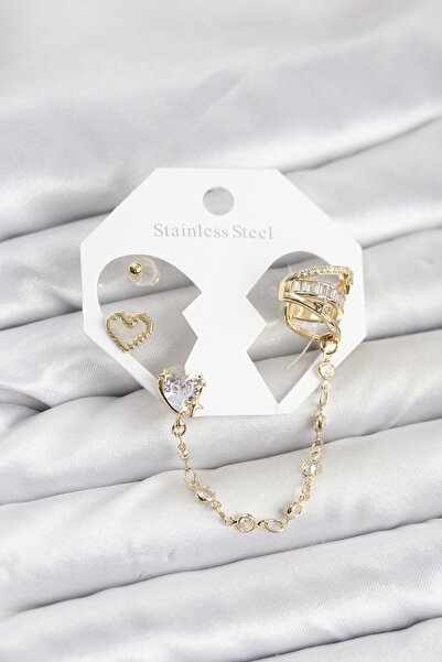 naque Brass Gold Color Heart Model Chain Linked Ear Cuff Earring Set - Tj-Bkp...