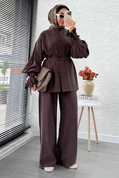 MELEK ARAZ Women's Double Suit with Pleated Sleeves and Front Buttons - Brown