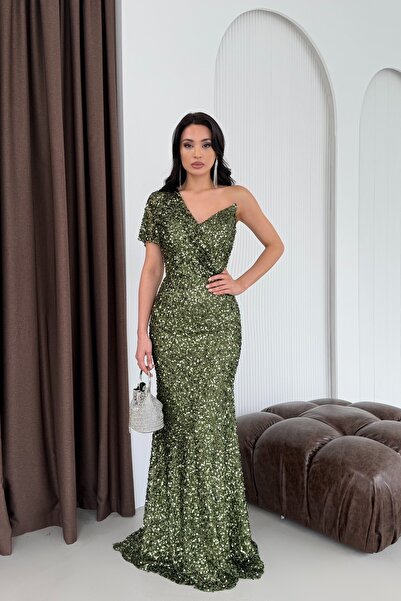 Serica Moda Khaki One-Shoulder Detailed Sequined Evening Dress