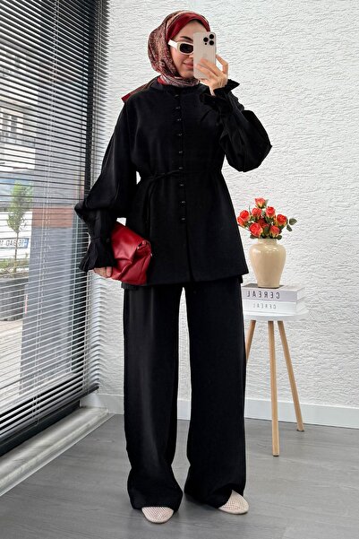 MELEK ARAZ Women's Double Suit with Pleated Sleeves and Front Buttons - Black