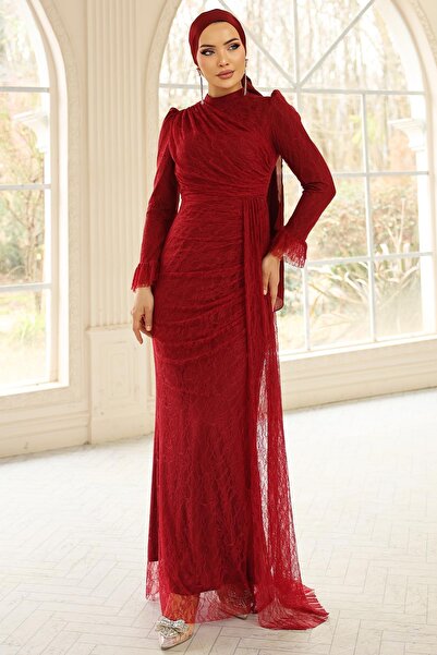 Olcay Volan Detailliertes Spitzen-Hijab-Abendkleid ROT 1251