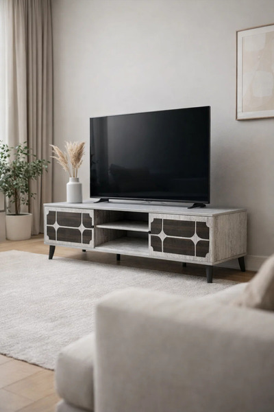 MARIA HOMES Stylish Grey TV Unit with Storage Shelves and Modern Cabinet Door...