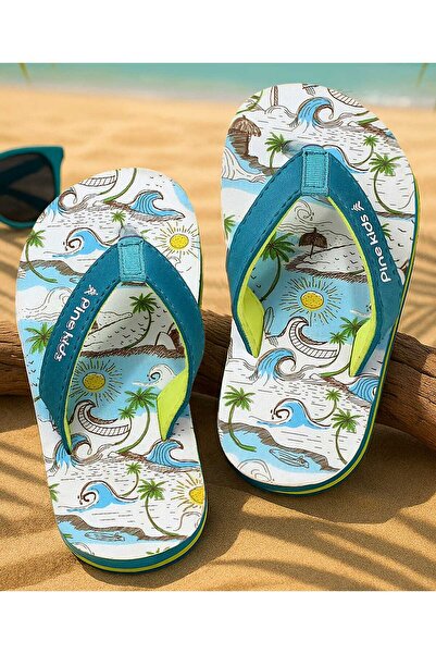 Pine kids Slip-On Flip Flops with Beach Theme Print - Blue