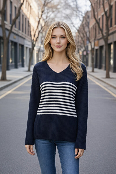 citystyle Women's Navy Blue Knitwear Sweater Long Sleeve V-Neck Seasonal Soft...