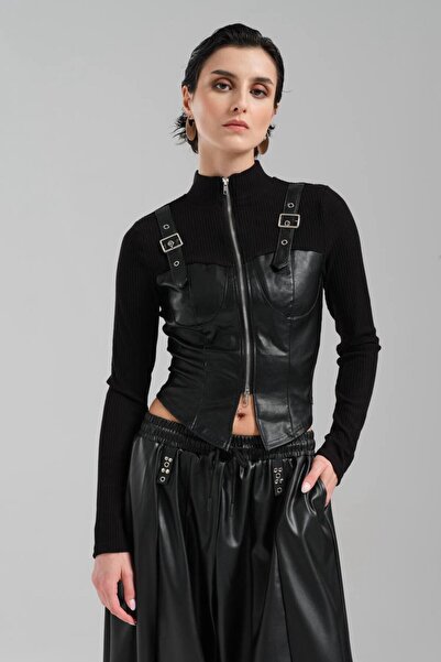 tw3 Kadın Deri ve Örme Kumaş Garnili Uzun Kollu Tasarım Bluz