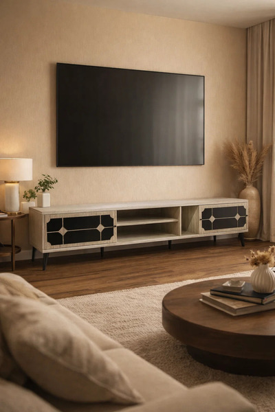 MARIA HOMES Stylish Beige TV Stand Console 200cm with Black Decorative Doors ...