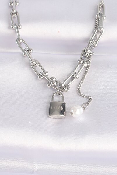 naque 316L Steel Chain Silver Color Chain Love Lettering Lock Necklace - Tj-B...