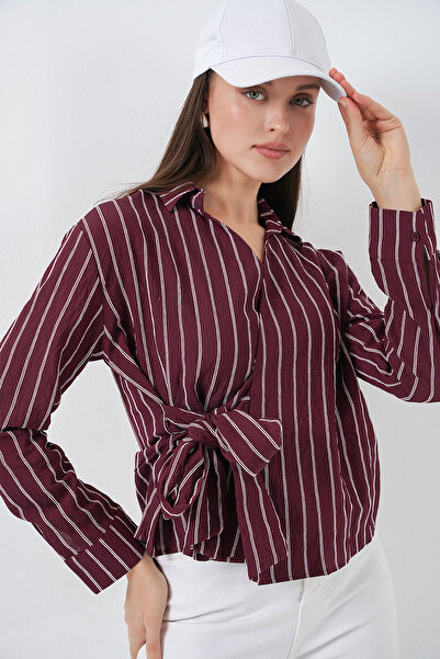 Bigdart Women's Tie-Front Striped Shirt 20362 - Burgundy