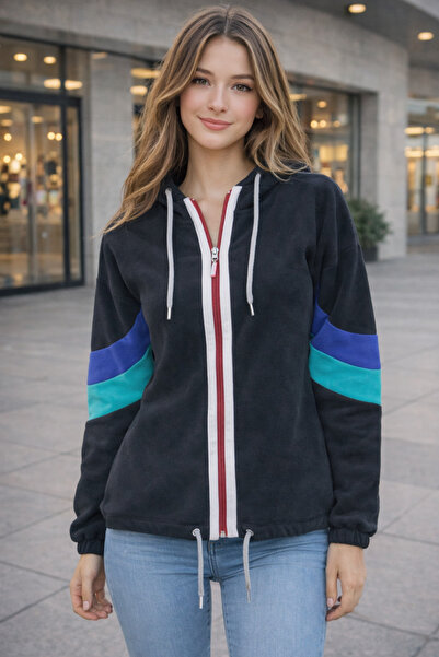 citystyle Women's Black Fleece Long Sleeve Hooded Seasonal Zippered Adjustabl...