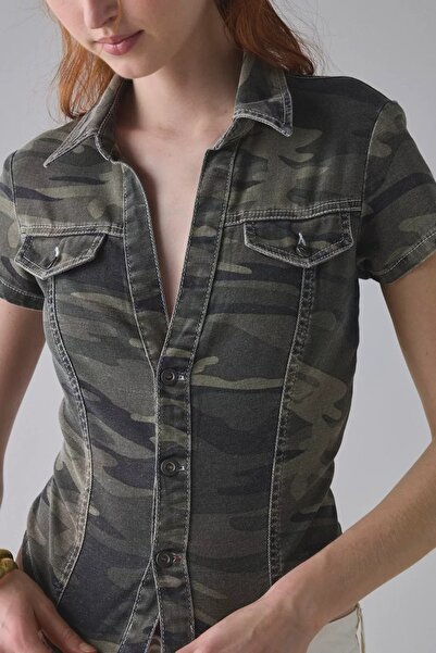 september island Khaki Camouflage Slim Fit Denim Shirt