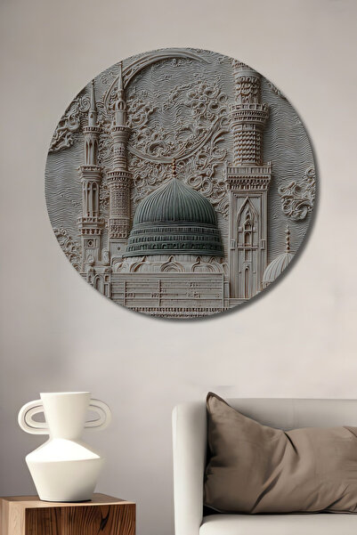 Teona Ahşap Yeşil Kubbeli Mescid Medina Ahşap Dekoratif Tablo Yuvarlak Duvar ...