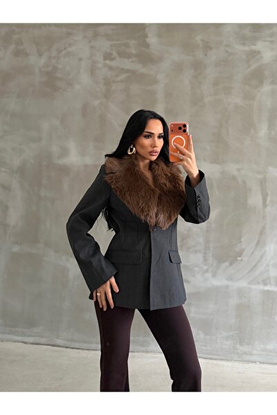 OKSOCOLLECTİON Çıkarılabilir Kürk Yaka Ceket