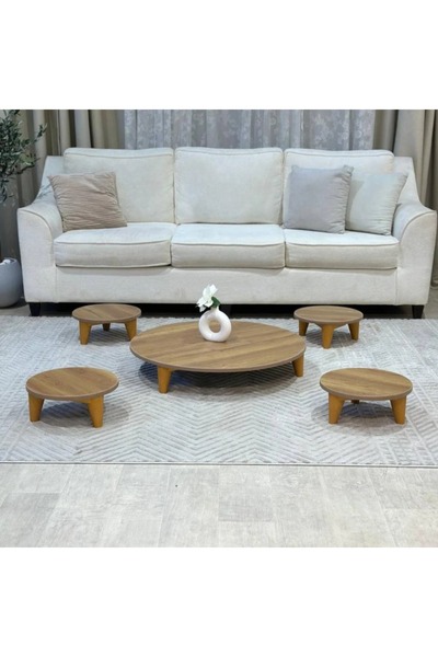 terndat Round wooden floor table set with 4 serving pieces