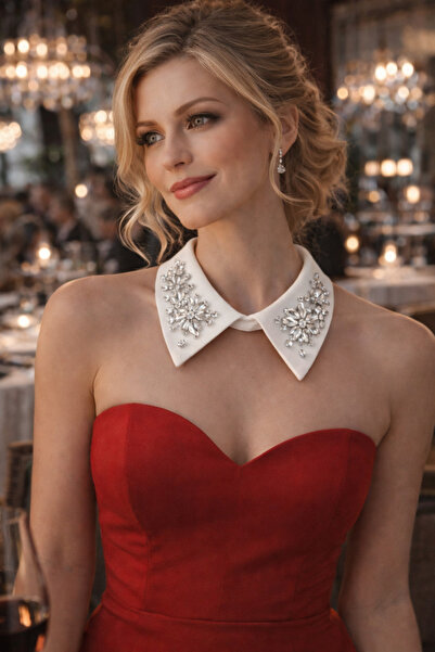 CROCUS DESIGN White Shirt Joyci Collar Crystal Flower Pattern Design