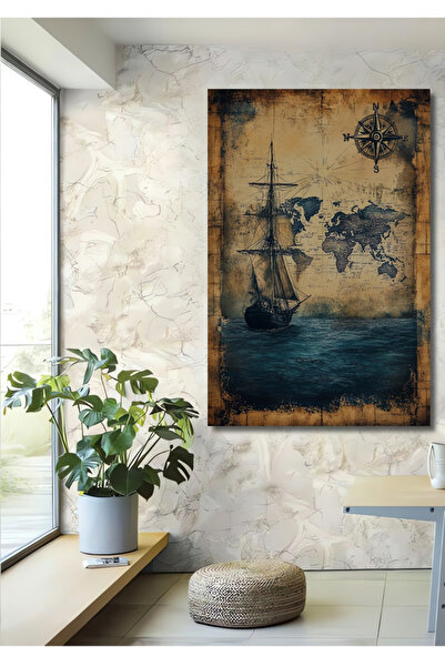 Teona Ahşap Antik Çağ Yelkenli Gemi Dünya Haritası Yağlı Boya Görünümlü Ahşap...