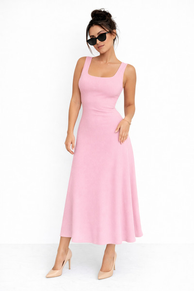 modavingo Women's Pink Soft Touch Fabric Front and Back Square Collar Dress