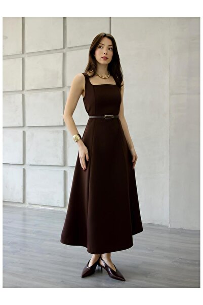 Coral Önü Dikişli Kalın Askılı Kemerli Elbise 7329 Kahve