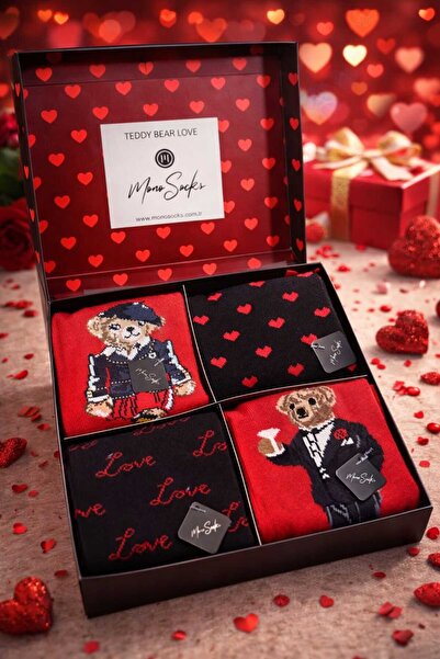 Mono Socks - 4'lü Hediye Kutulu Teddy Bear Sevgililer Günü Çorabı