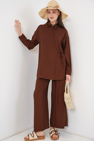 Bigdart Women's Lace-Up Tunic Trousers Double Set 6752 - Brown