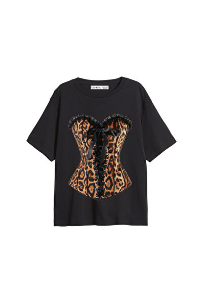 CİNEMA MODA Leopard Corset Printed Relaxed Fit Black Women's Tshirt