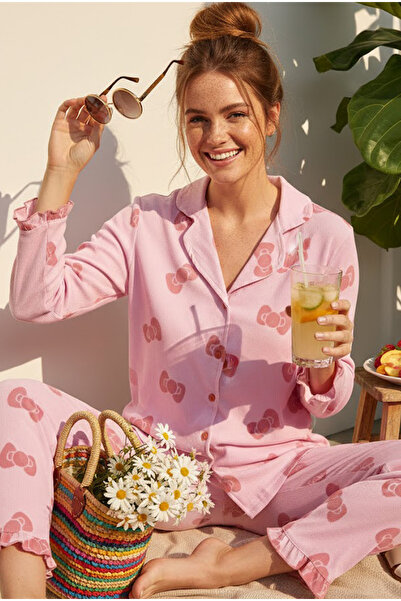 Siyah İnci Pink Bow Patterned Bürümcük-Krınkıl Long Sleeve Buttoned Pajama Se...