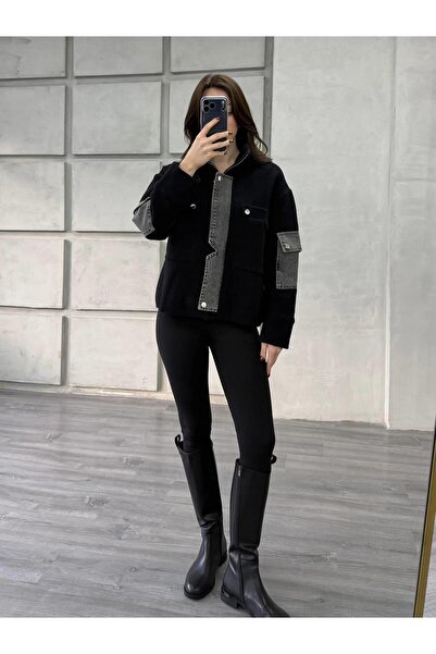 Coral Kot Detaylı Dik Yaka Yumoş Hırka 140422 Siyah