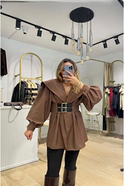 EEES SUNİ DERİ KEMER DETAYLI ASTARSIZ BLAZER CEKET ELBİSE