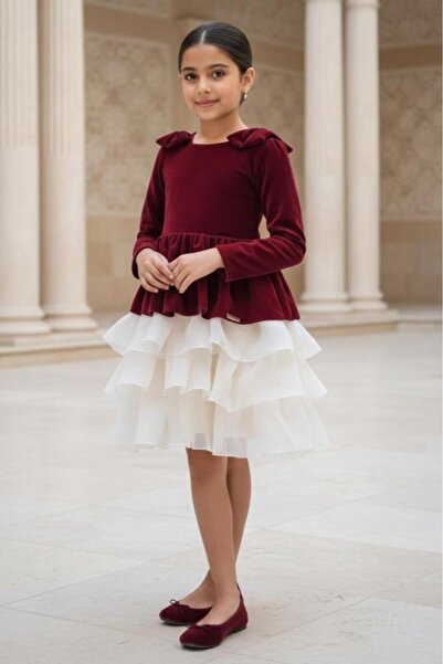 Alesaei-mondo tondo فستان بناتي مخملي عنابي بطبقات تول أبيض S01242