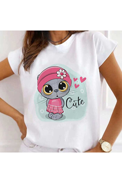 Kartier Women's White Cute Cat T-Shirt