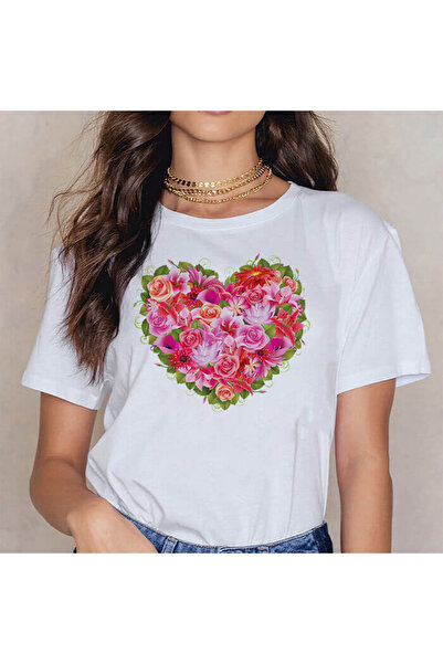 Kartier Women's T-shirt White Red And Pink Flowers Heart