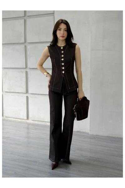 Coral Stitched Detailed Striped Trousers 18054 Brown