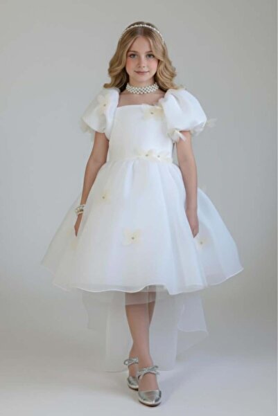 Alesaei-mondo tondo فستان بناتي أبيض بأكمام منفوشة S01153