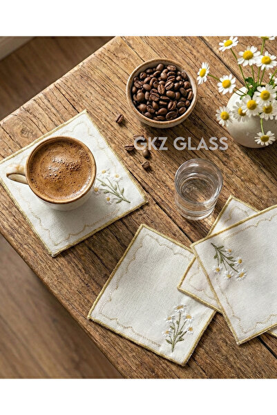 gkzglass home dekor 6 Adet Keten Kumaş Üzeri Nakışlı Kahve Yanı Kokteyl Peçet...