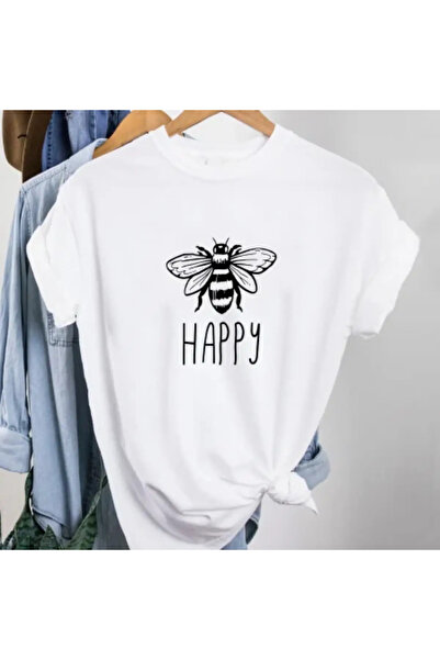 Kartier Women's White T-Shirt Bee Happy Mood